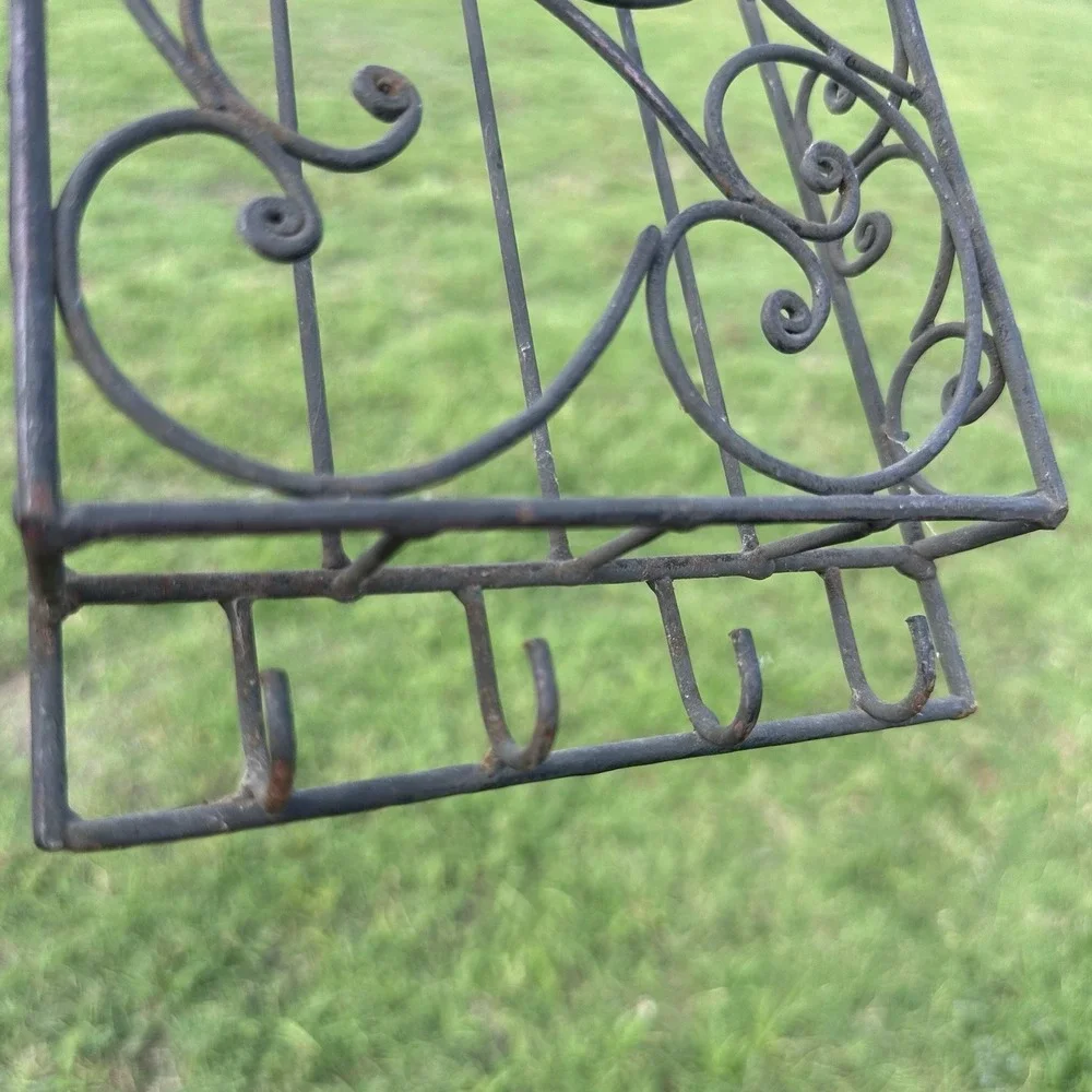 Vintage Iron Wall Rack 3 Bins 4 Hooks Home Office Storage Display Shelf 26